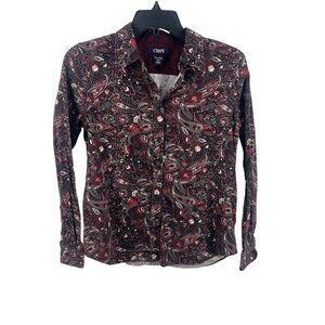 Chaps Women's No Iron Petite Shirt Red Paisley Button-Up Long Sleeve Size PM/M
